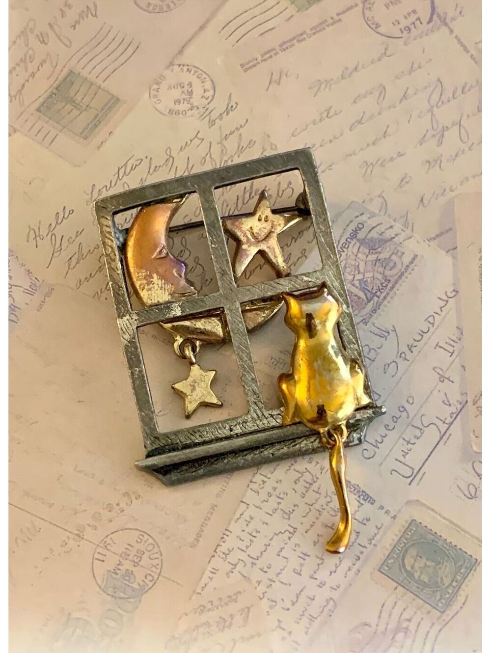 Vintage Cat Looking Out Window Moon & Stars Figural Brooch Pin